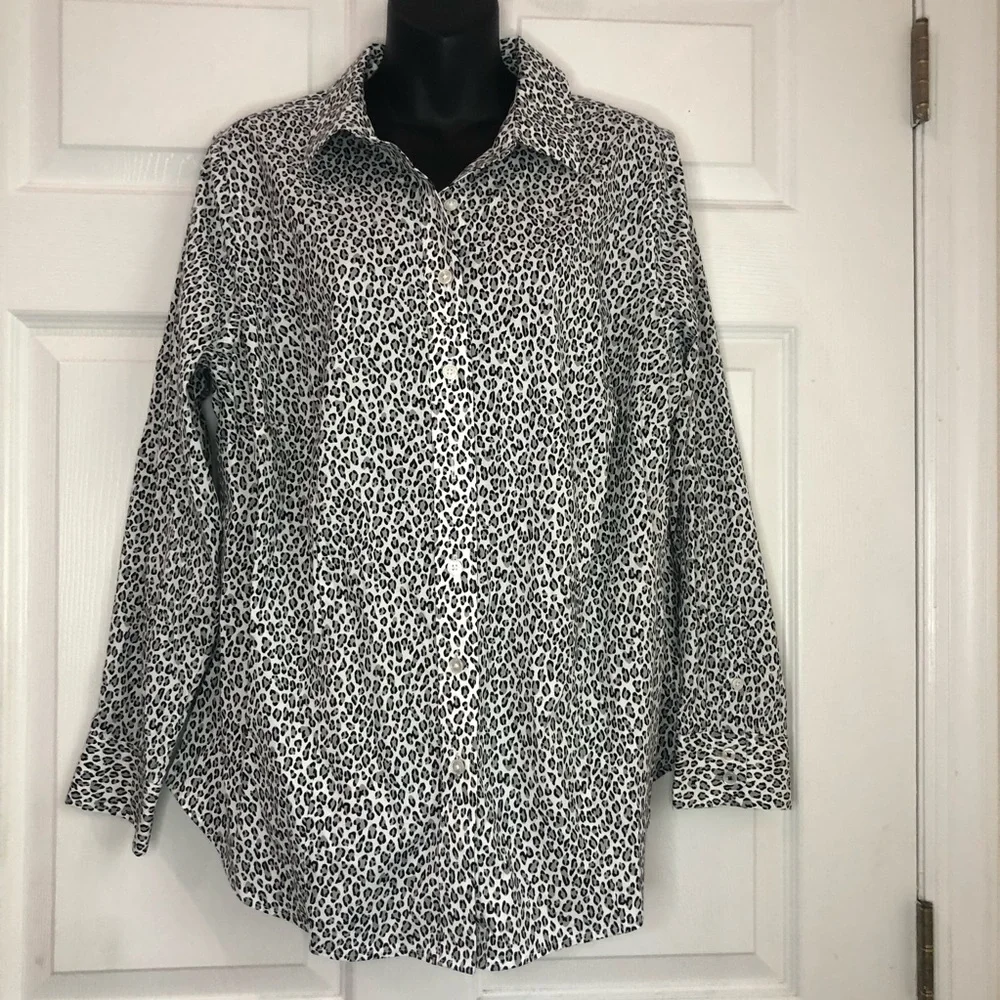 TALBOTS No Iron gray black white leopard print long sleeve button down size 14W
